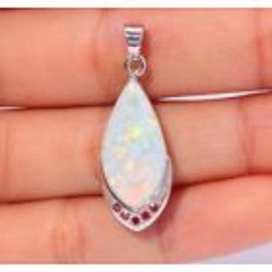 New - White Fire Opal and Garnet Silver Pendant - Includes a Chain